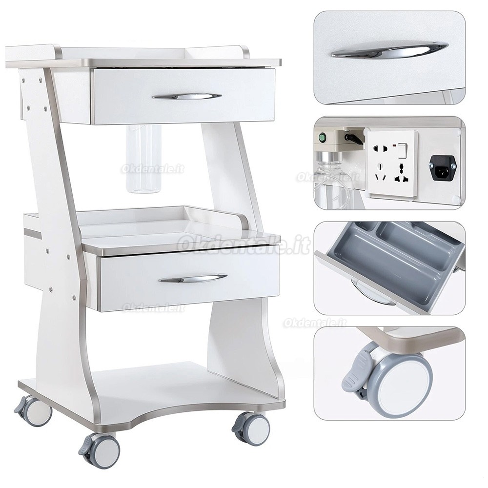 Carrello elettrificato odontoiatrico Dentech con contenitore bottiglie d'acqua e armadietto portaoggetti